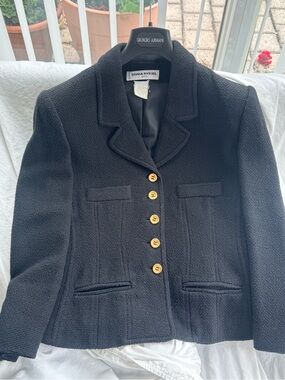 Sonia Rykiel Black Textured Wool-Blend Blazer with Gold Buttons